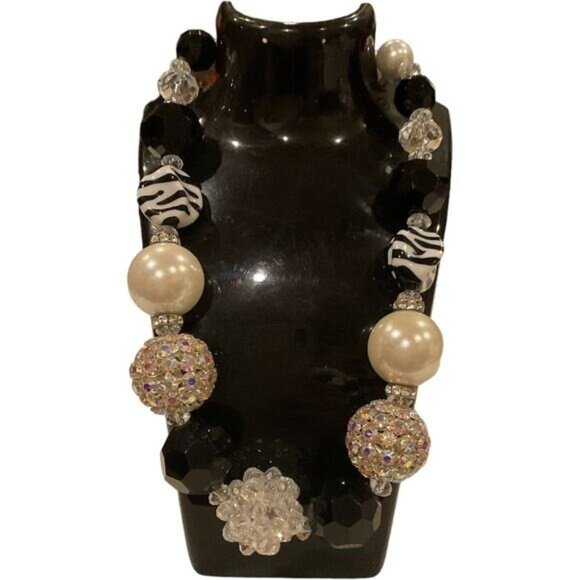 Chunky Beaded Necklace With Black & White Zebra Pattern & Rhinestones - Picture 1 of 5